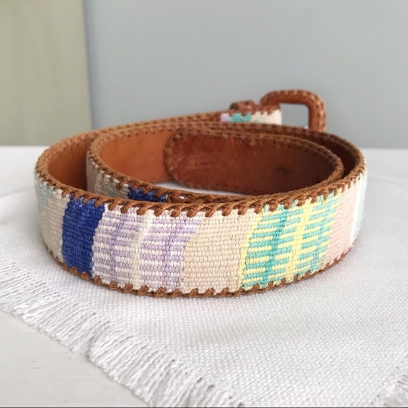 VINTAGE Woven Serape Textile Handmade Leather Belt Small - Picture 2 of 5
